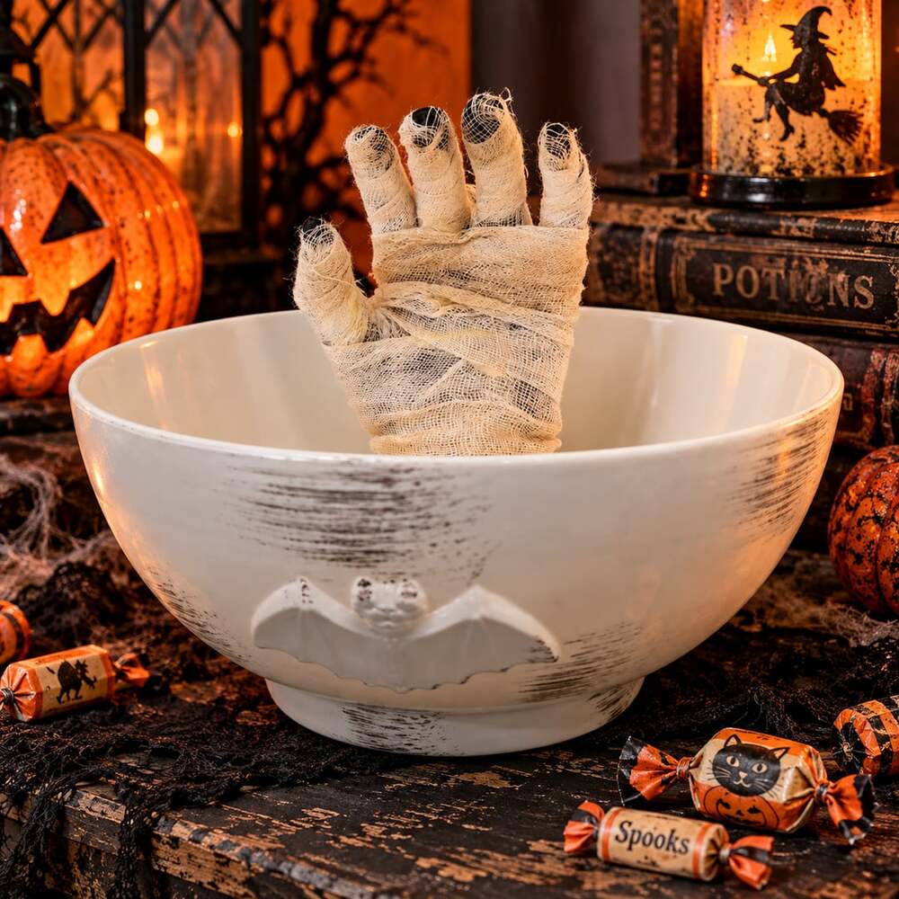 Gemmy Animated Mummy Hand 9” Candy Bowl Halloween Decor Bat Treat Dish WORKS